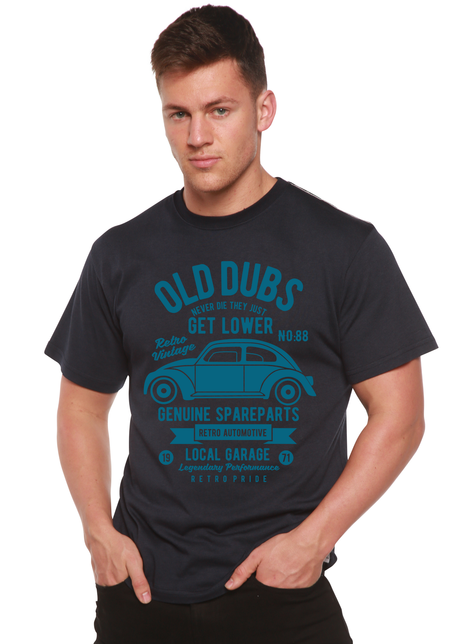 Men's Old Dubs Spun Bamboo graphic short sleeve T shirt in navy with retro car print on Tampa Home & Garden Store