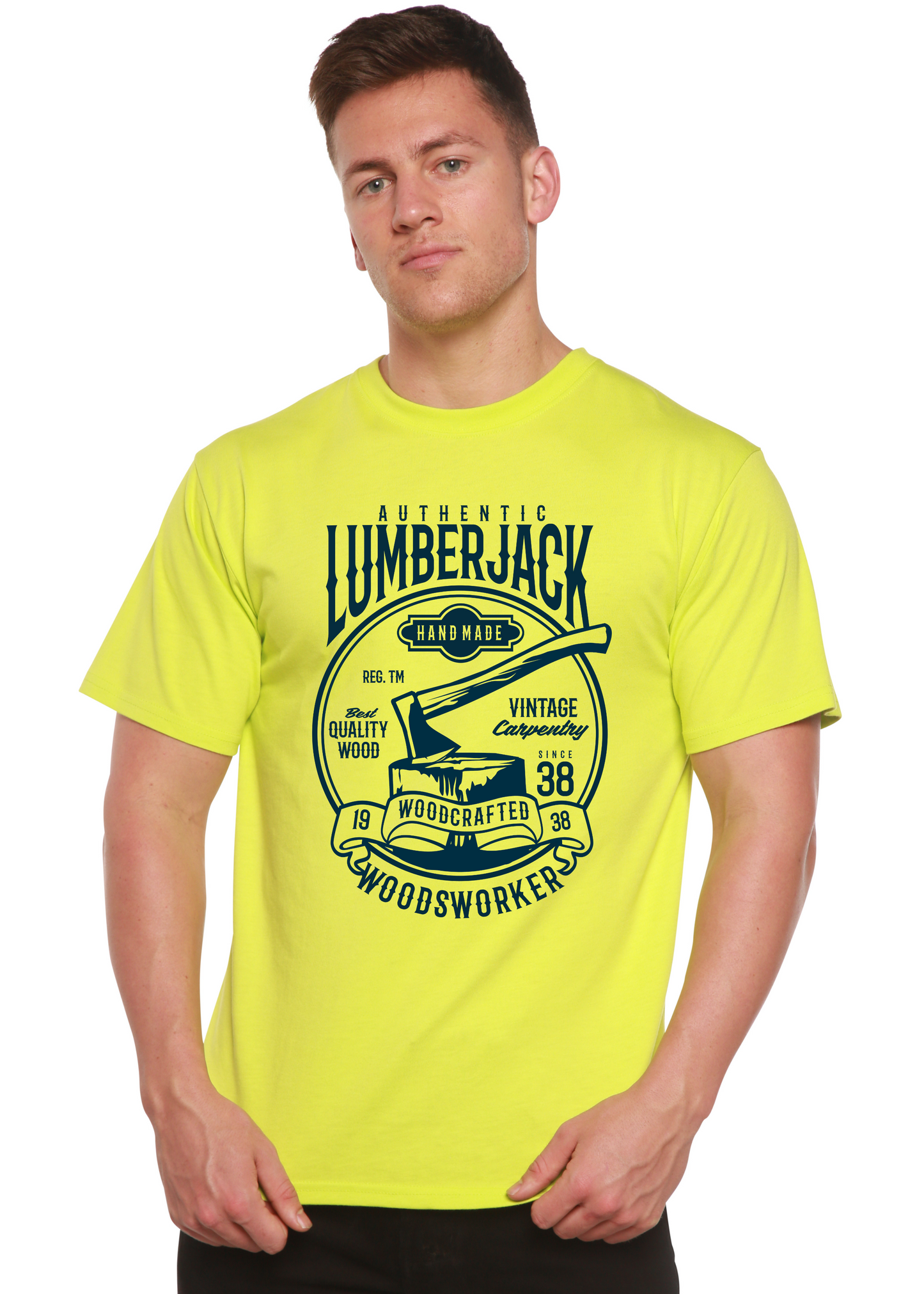 Spun Bamboo Lumberjack men's neon yellow short sleeve graphic tee with vintage woodcut emblem on Tampa Home & Garden Store
