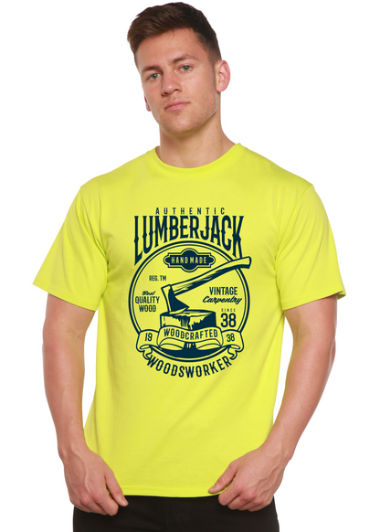 Spun Bamboo Lumberjack men's neon yellow short sleeve graphic tee with vintage woodcut emblem on Tampa Home & Garden Store