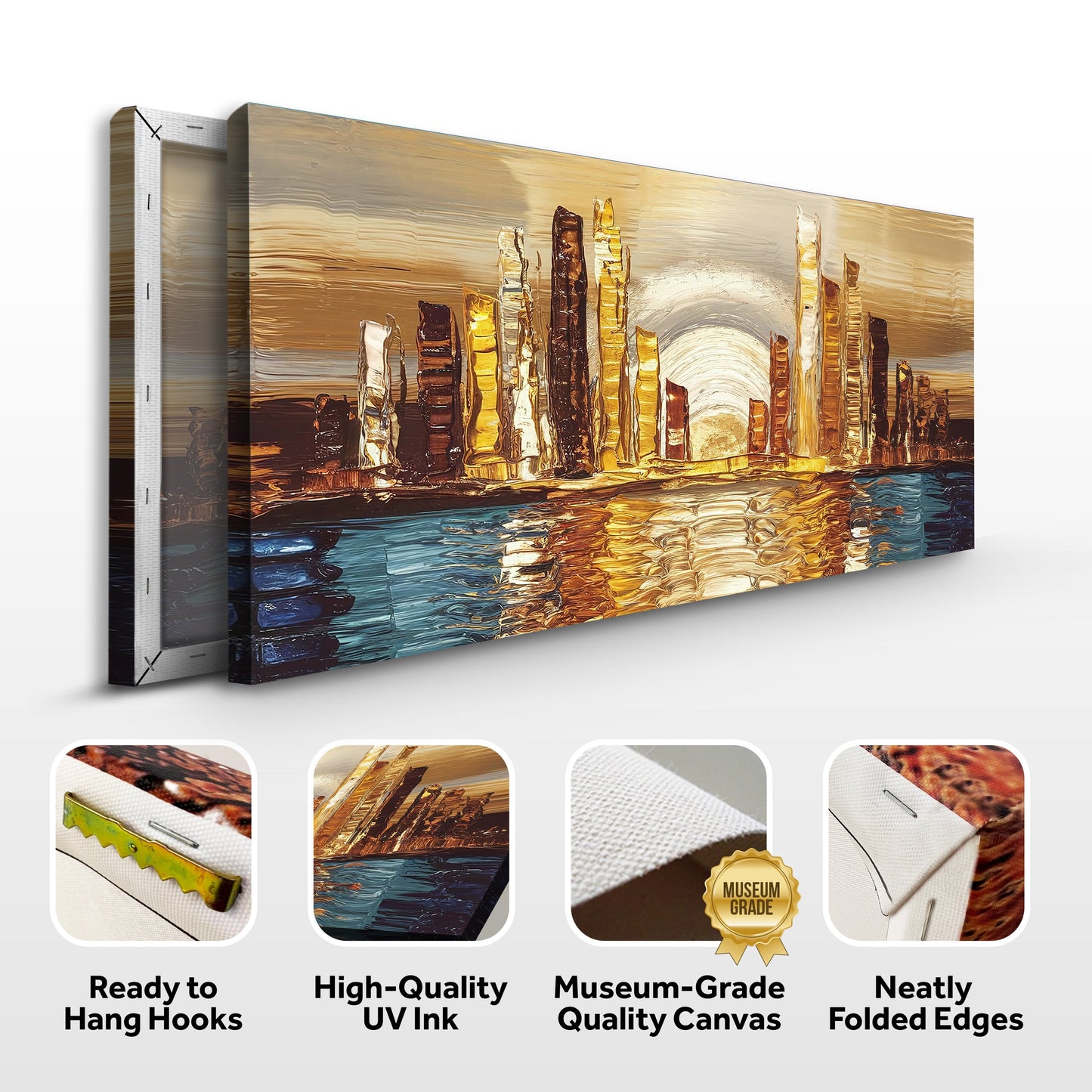 Golden Metropolis abstract impasto canvas wall art, three-panel skyline by Tailored Canvases on Tampa Home & Garden Store