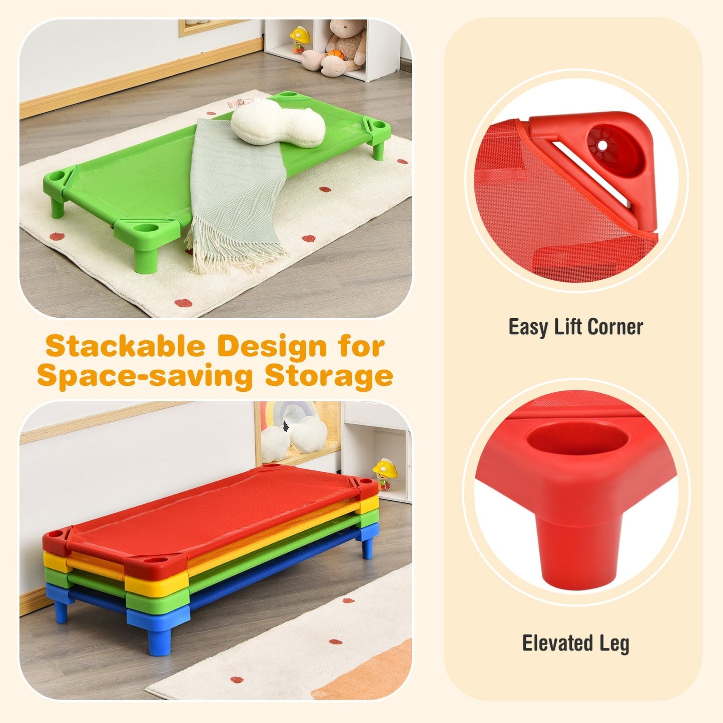 GemGear Pack of 4 colorful kids stackable naptime cots in rainbow colors on Tampa Home & Garden Store