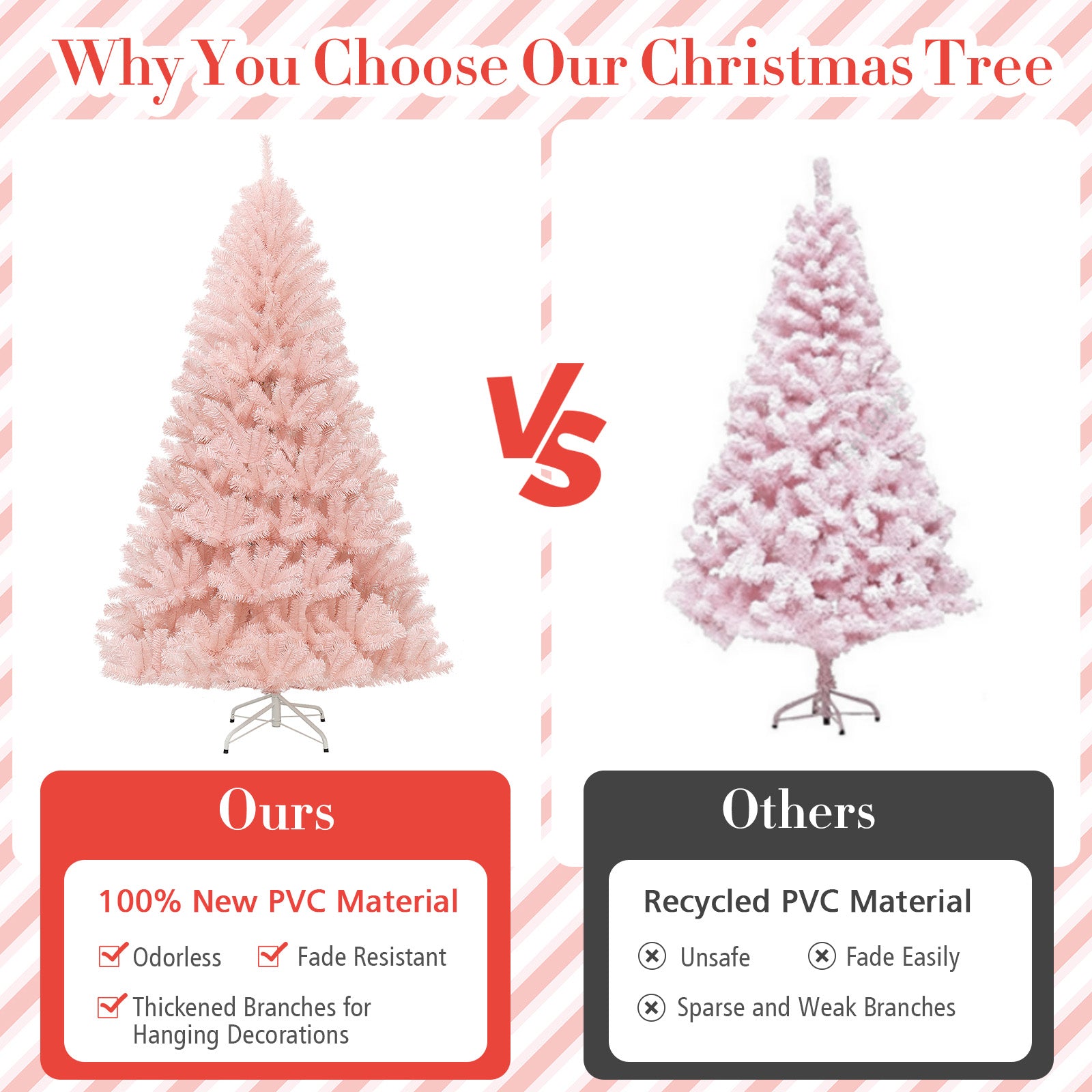 6/7 ft pink hinged full fir artificial Christmas tree by DirectDeals, left vs right display on Tampa Home & Garden Store