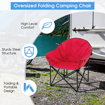 GemGear folding Moon padded camp chair with carrying bag, red seat on black steel frame by lakeside on Tampa Home & Garden Store