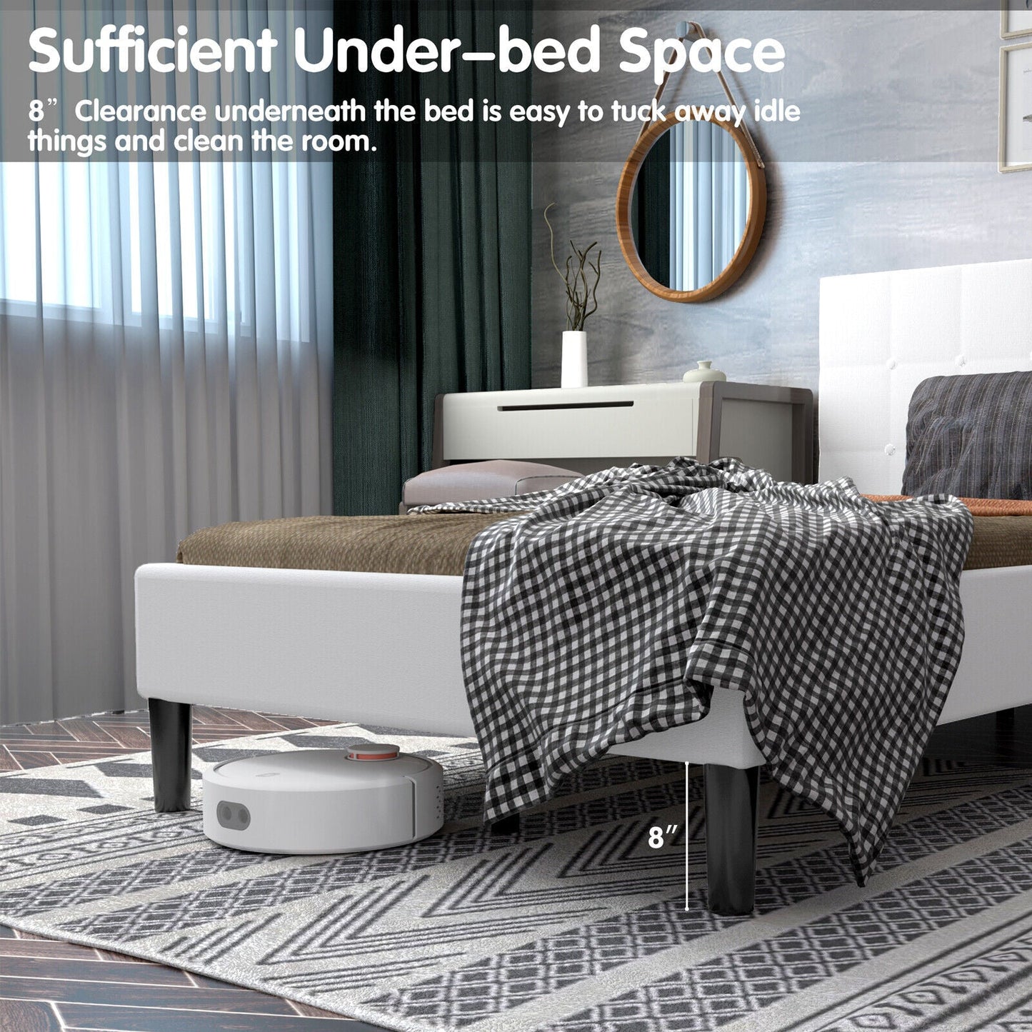 Cama de plataforma con cabecero tapizado con botones - Beige