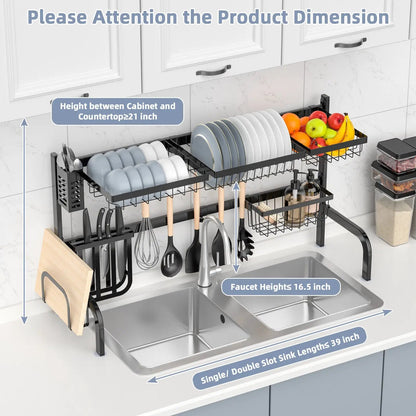 2 Tier Over Sink Dish Drying Rack With 8 Hooks