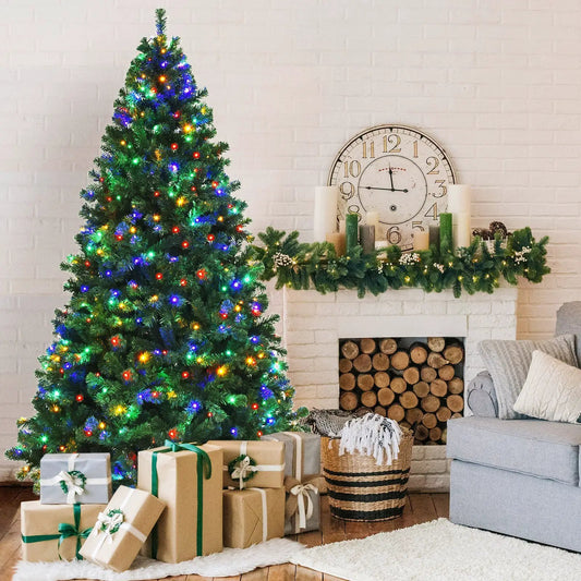 7.5 ft pre-lit artificial spruce Christmas tree with multicolor lights in living room on Tampa Home & Garden Store