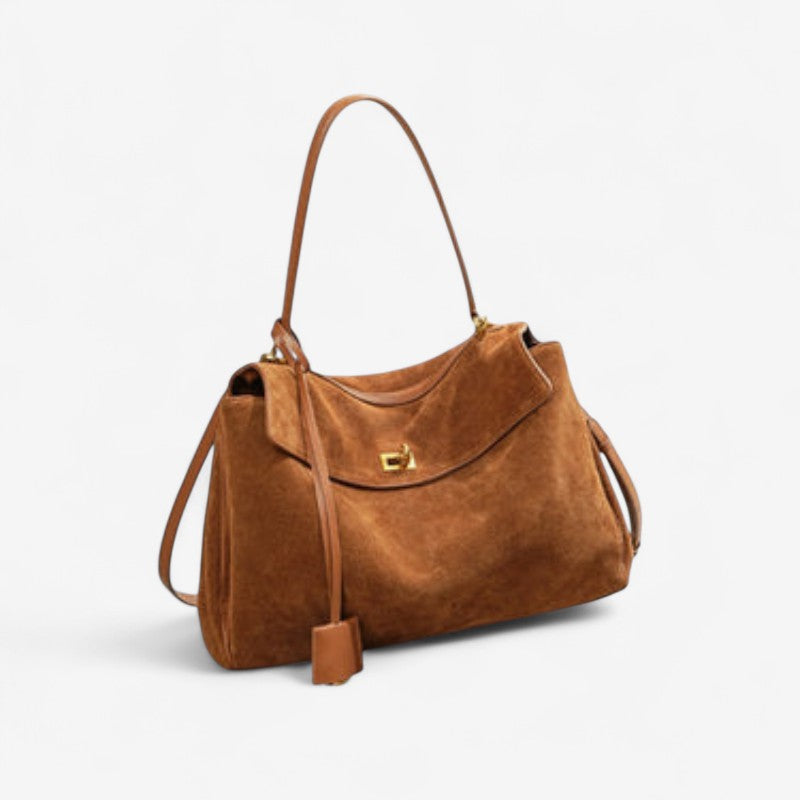 Large rectangular shoulder handbag Moktan Sabai brown leather with gold-tone clasp on Tampa Home & Garden Store