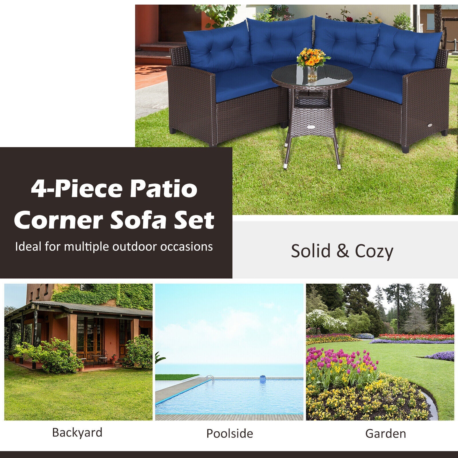 4 Pieces Patio Rattan Furniture Set Cushioned Sofa Glass Table - Tampa Home & Garden Store