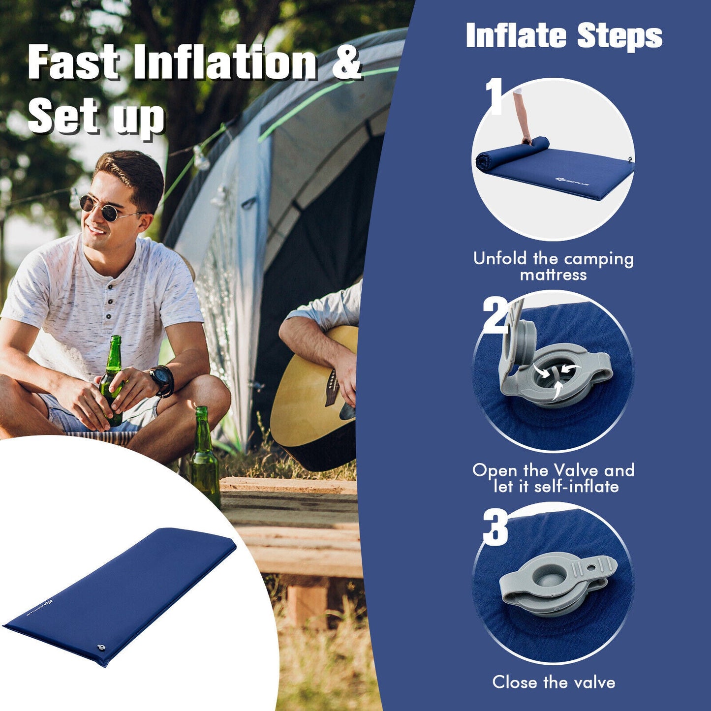 Colchoneta de espuma plegable ligera autoinflable con bolsa de almacenamiento - Azul