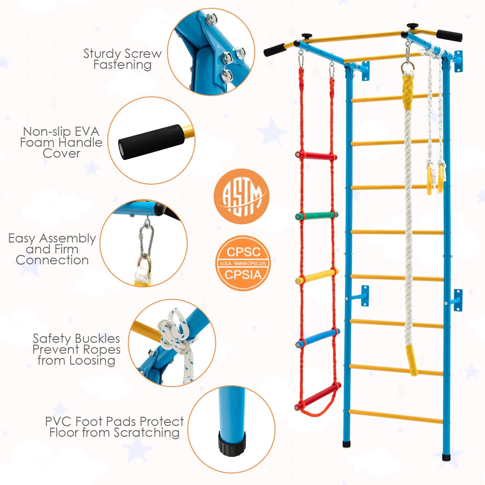 7 In 1 Kids Indoor Gym Playground Swedish Wall Ladder for Solid Wall-Yellow - Tampa Home & Garden Store