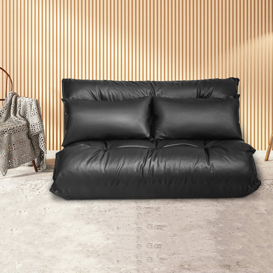 Foldable PU Leather Leisure Floor Sofa Bed with 2 Pillows-Black - Tampa Home & Garden Store
