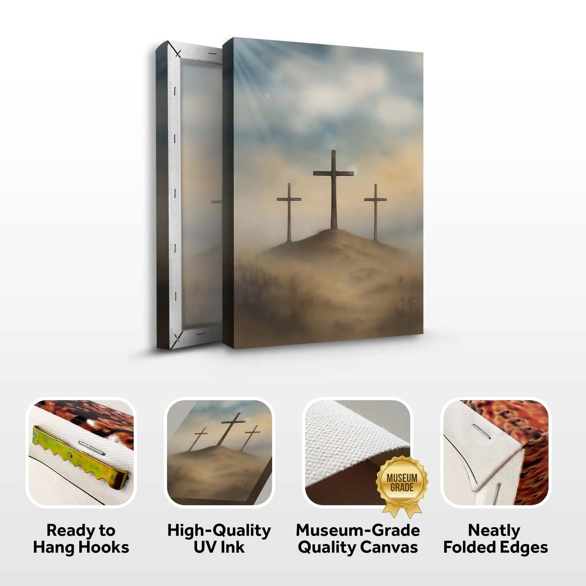 Three Crosses on Calvary Faith Wall Art II canvas by Tailored Canvases with a cloudy sky backdrop on Tampa Home & Garden Store