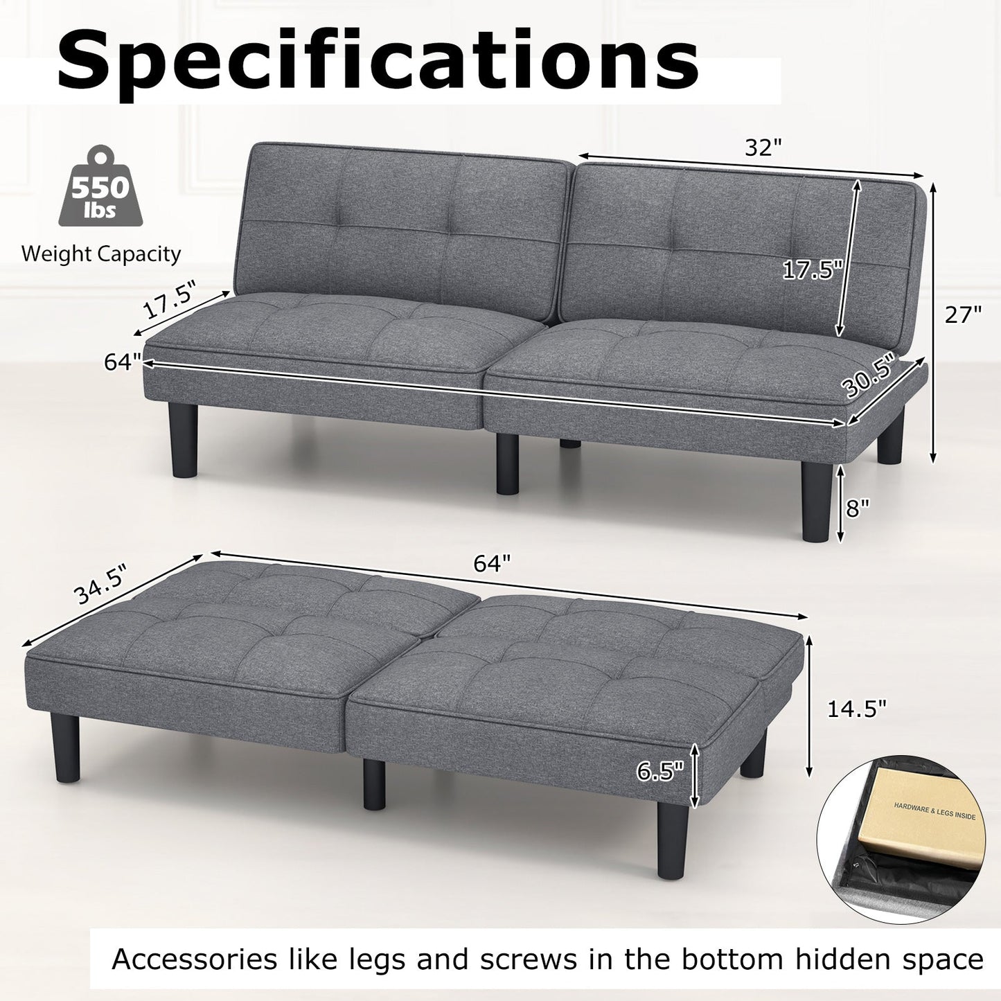 Sofá Cama Futón Plegable Convertible con Respaldo Ajustable de 6 Posiciones-Gris