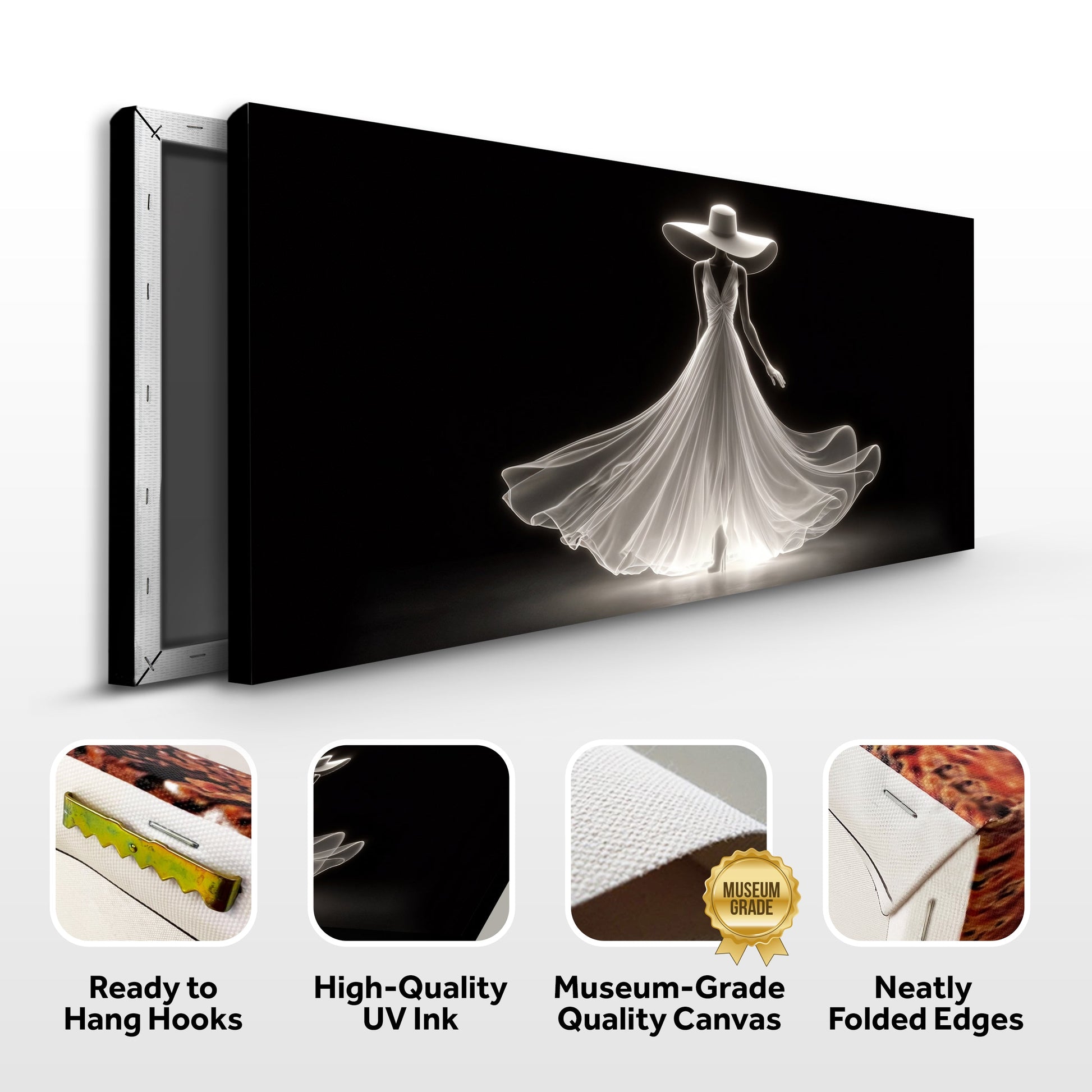 Modern Glam Fashion Wall Art Canvas by Tailored Canvases black backdrop illuminated gown on Tampa Home & Garden Store