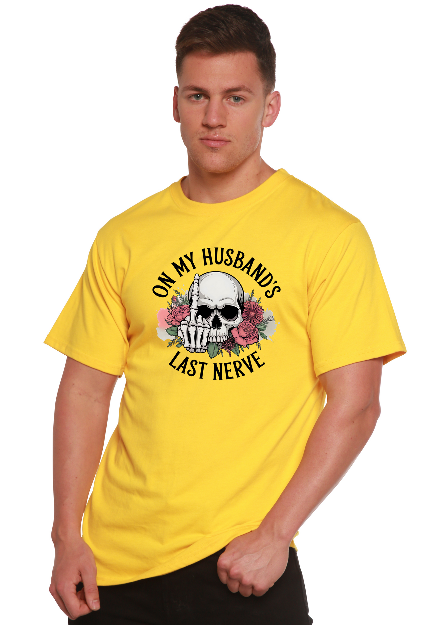 Unisex graphic T-shirt in yellow by Spun Bamboo featuring skull and floral graphic and On My Husband's Last Nerve text on Tampa Home & Garden Store