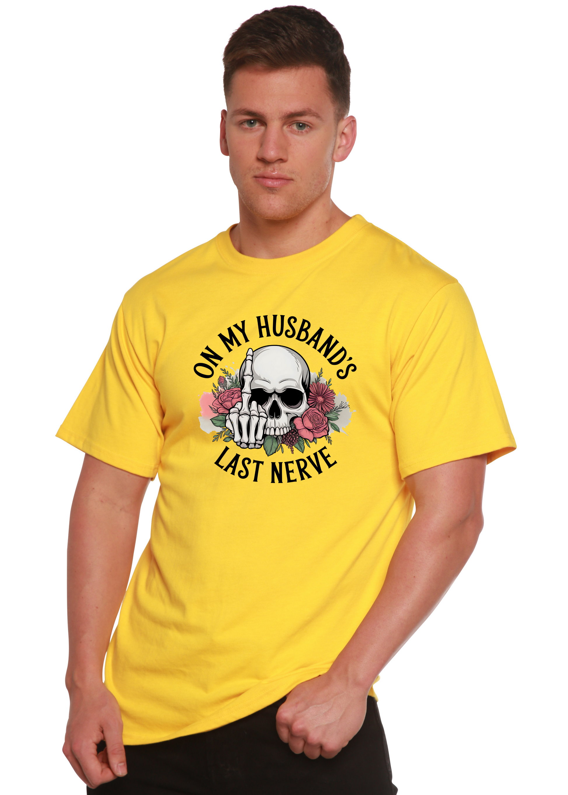 Unisex graphic T-shirt in yellow by Spun Bamboo featuring skull and floral graphic and On My Husband's Last Nerve text on Tampa Home & Garden Store