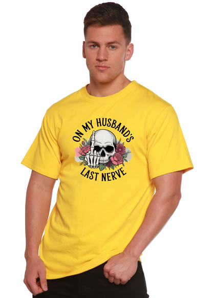 Unisex graphic T-shirt in yellow by Spun Bamboo featuring skull and floral graphic and On My Husband's Last Nerve text on Tampa Home & Garden Store