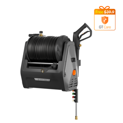 Grandfalls pressure washer auto recoil hose reel gray frame black hose by Giraffe Tools on Tampa Home & Garden Store