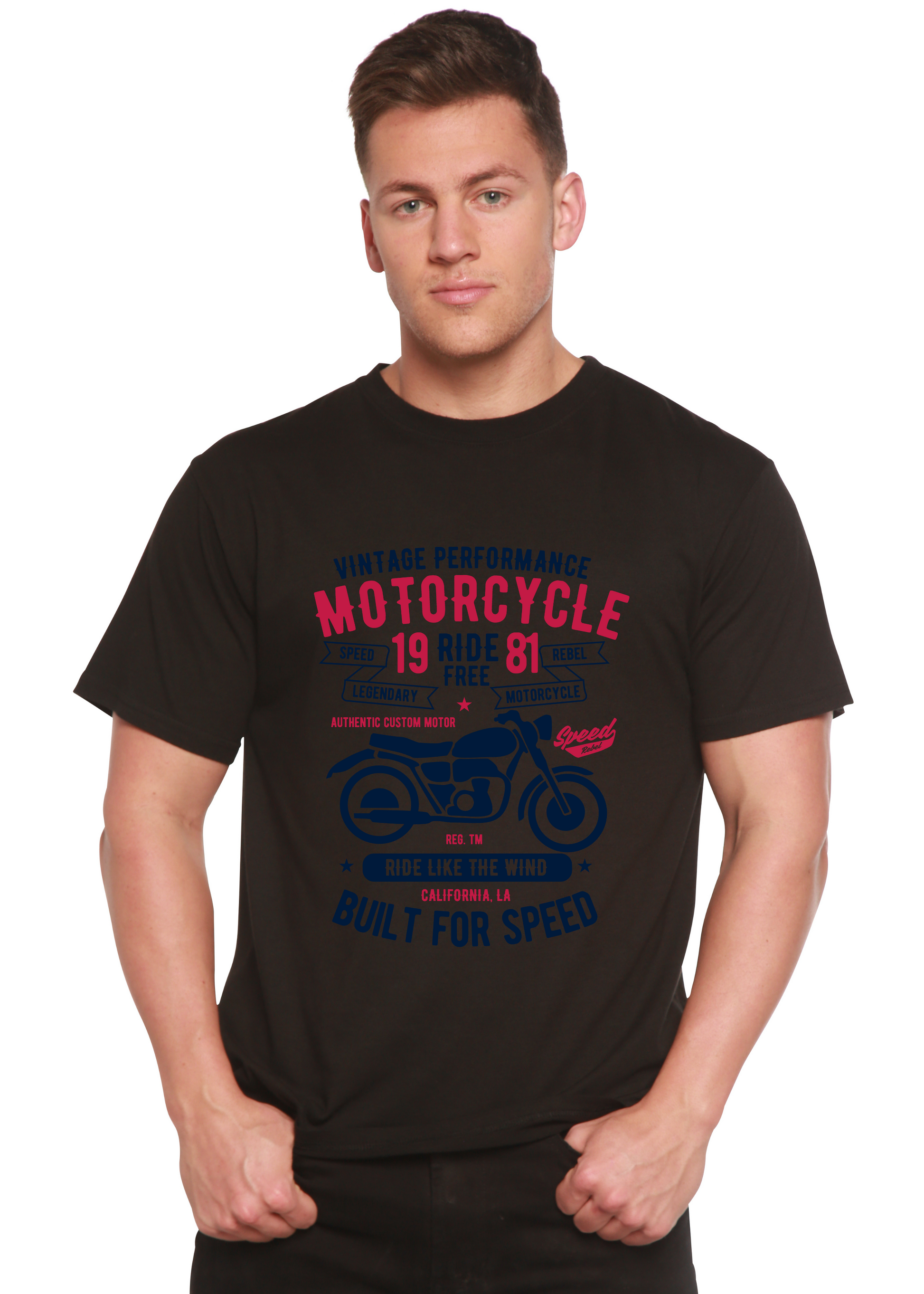 Motorcycle Ride Free men's T-shirt, black bamboo viscose cotton with vintage bike print Spun Bamboo on Tampa Home & Garden Store