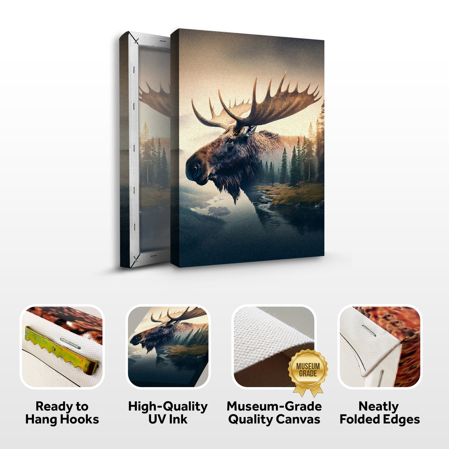 Moose Double Exposure Canvas wall art by Tailored Canvases, moose with forest backdrop on Tampa Home & Garden Store