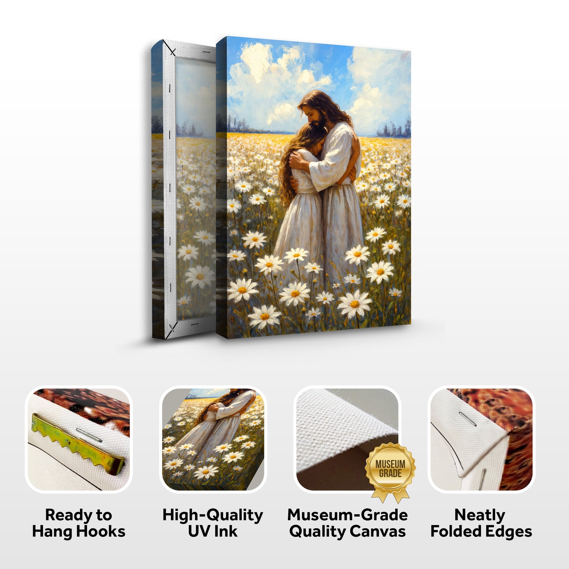 Jesus Hugging Woman Faith Wall Art II canvas triptych Tailored Canvases in daisy field on Tampa Home & Garden Store