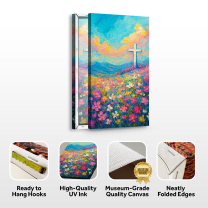 Cross Floral Field Faith Wall Art III canvas by Tailored Canvases showing cross and blooms on Tampa Home & Garden Store