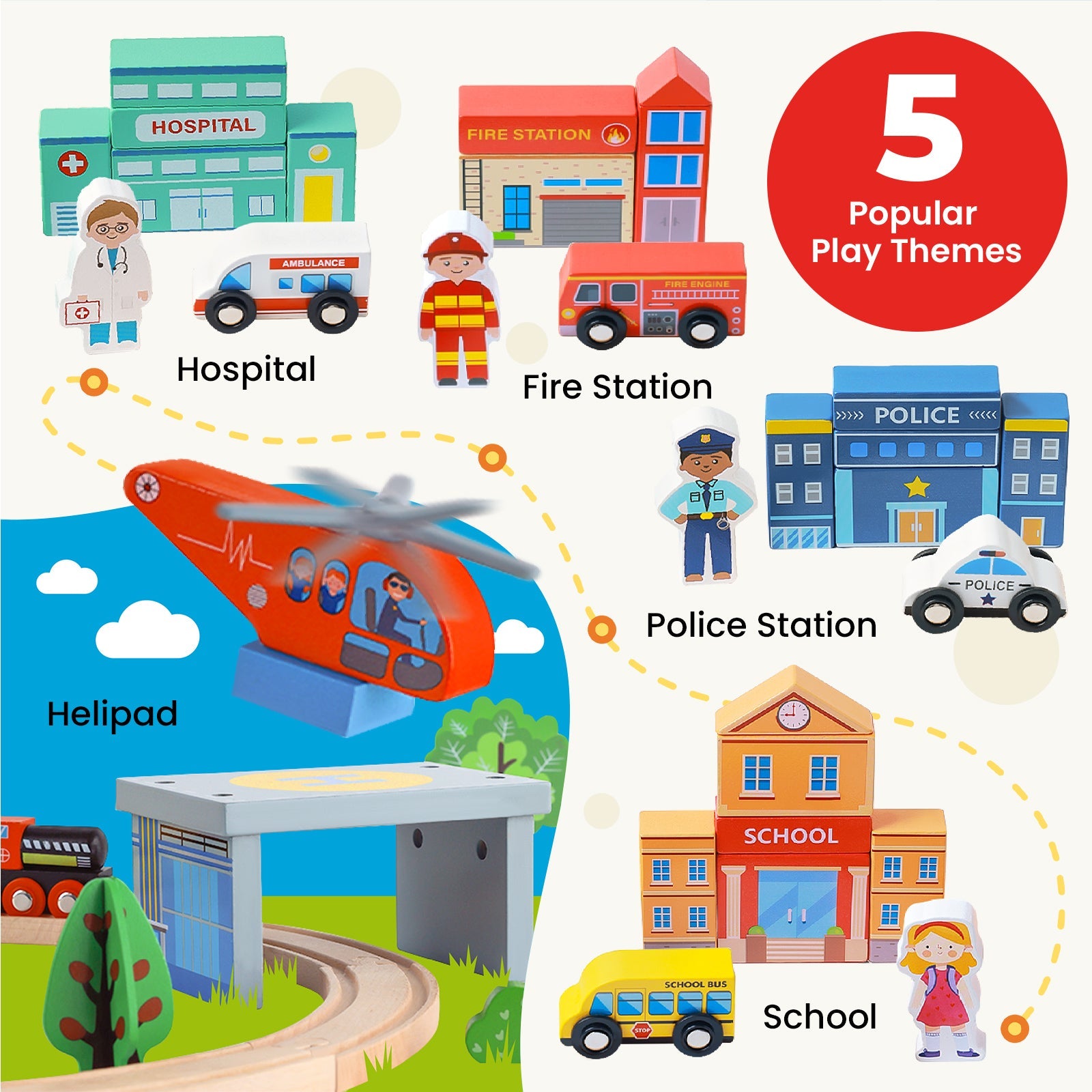 Tiny Land 110-Piece Wooden Train Set with Folding Storage Box with hospital and fire themes on Tampa Home & Garden Store