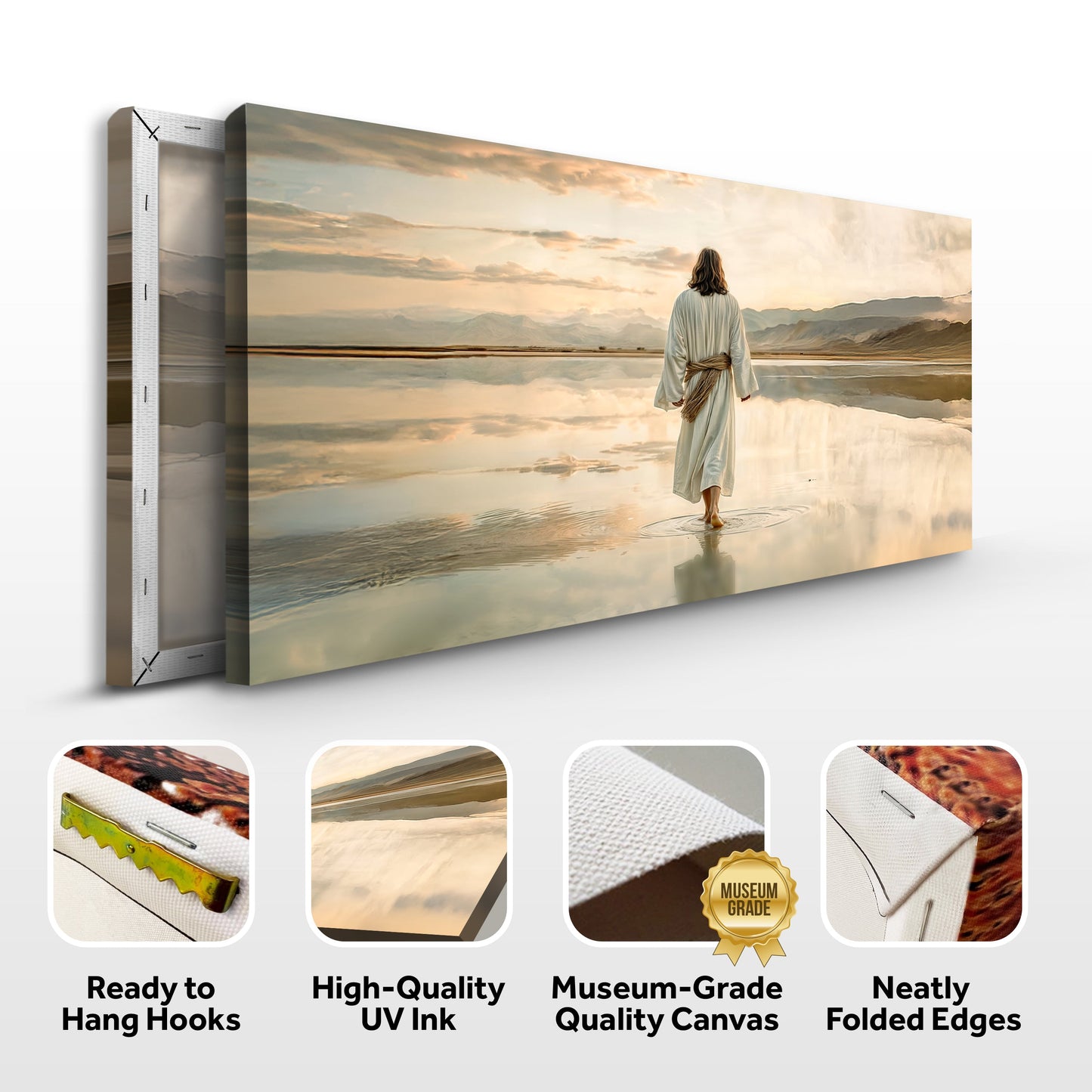Reflections Faith IX canvas by Tailored Canvases, serene figure in white robes at water's edge on Tampa Home & Garden Store