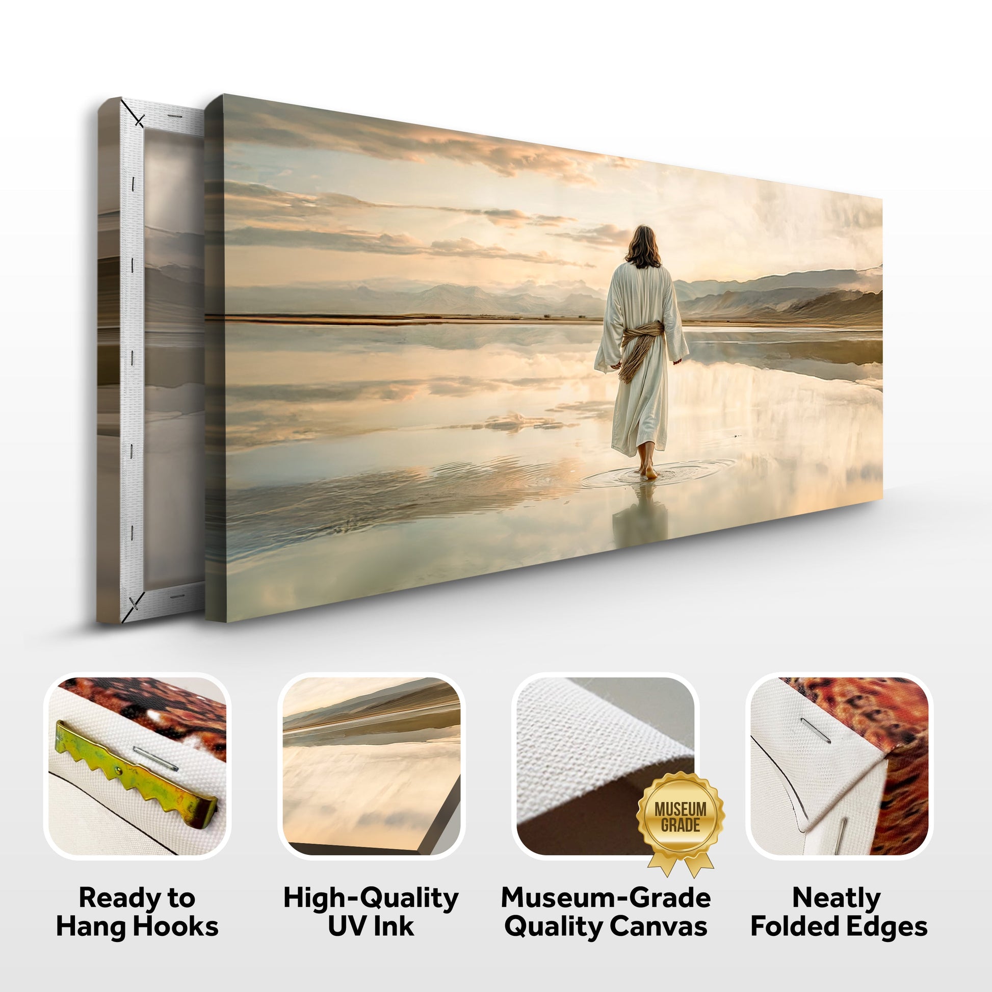 Reflections Faith IX canvas by Tailored Canvases, serene figure in white robes at water's edge on Tampa Home & Garden Store