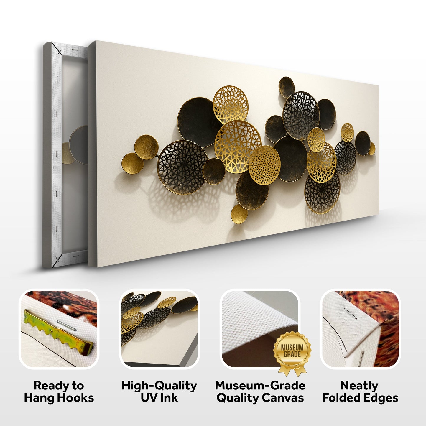 Lotus Leaf Abstract Wall Art V canvas by Tailored Canvases featuring gold and black lotus disks on Tampa Home & Garden Store