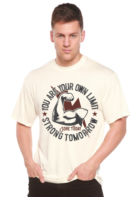Strong Tomorrow men's bamboo viscose T-shirt graphic, cream with bold print by Spun Bamboo on Tampa Home & Garden Store
