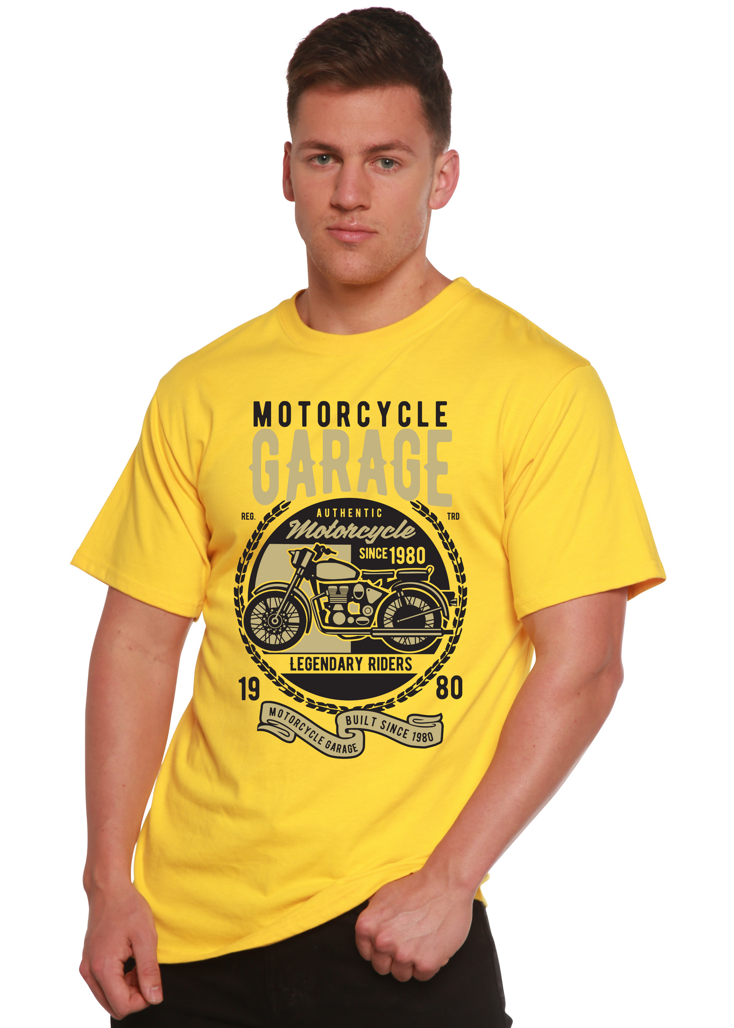 Mens Motorcycle Garage graphic T-shirt in yellow bamboo viscose/organic cotton on Tampa Home & Garden Store