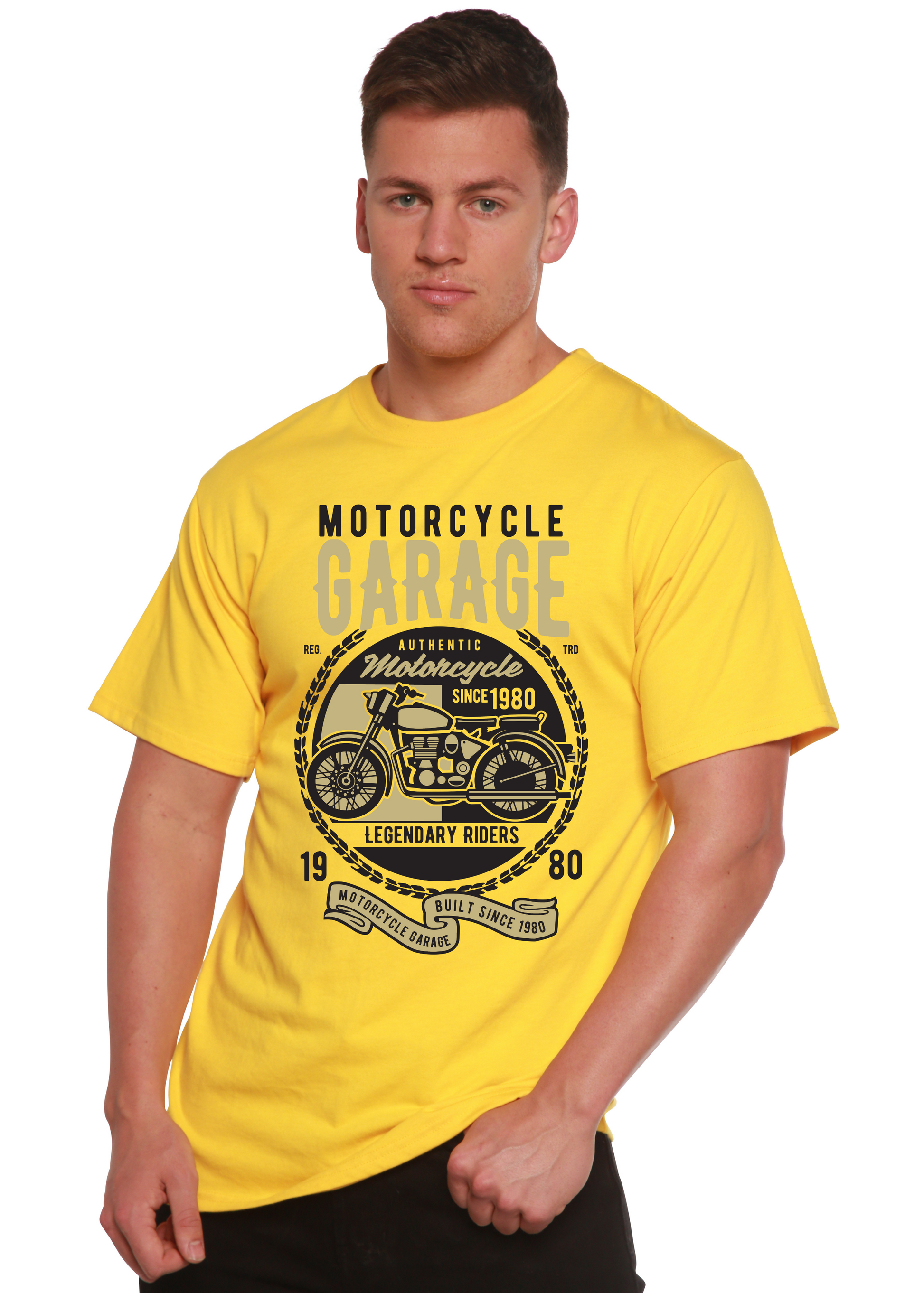 Mens Motorcycle Garage graphic T-shirt in yellow bamboo viscose/organic cotton on Tampa Home & Garden Store