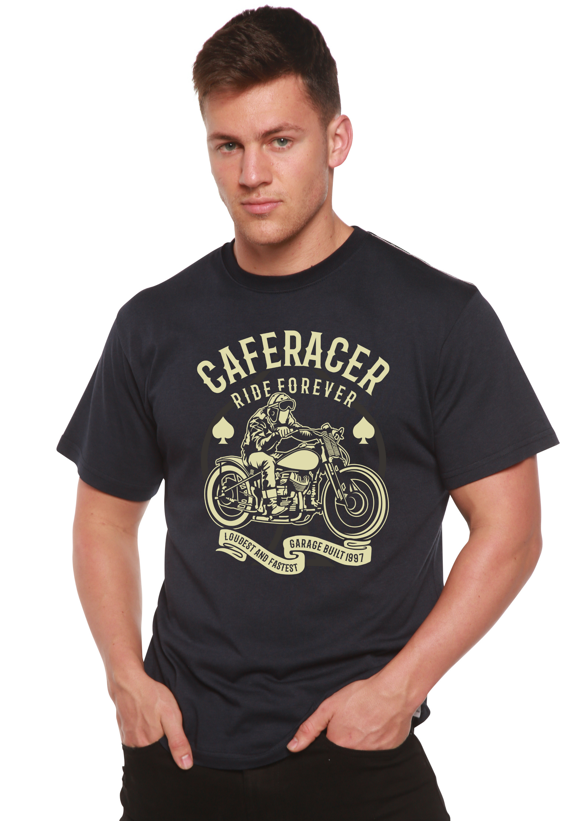 Caferacer Ride Forever men's bamboo viscose/organic cotton tee with motorcycle graphic on Tampa Home & Garden Store