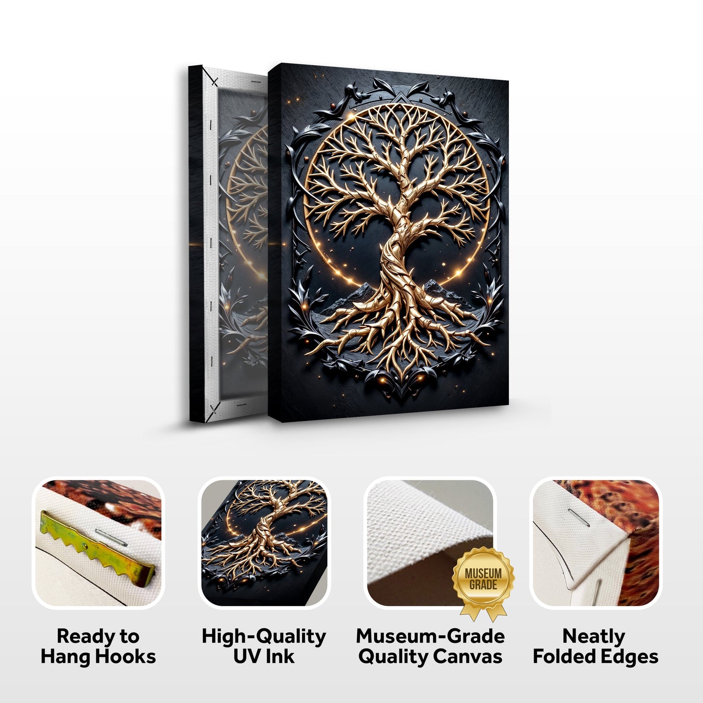 Canvas 3D Celtic Tree of Life Wall Art II by Tailored Canvases, gold tree on dark background on Tampa Home & Garden Store