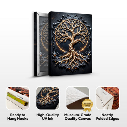 Canvas 3D Celtic Tree of Life Wall Art II by Tailored Canvases, gold tree on dark background on Tampa Home & Garden Store