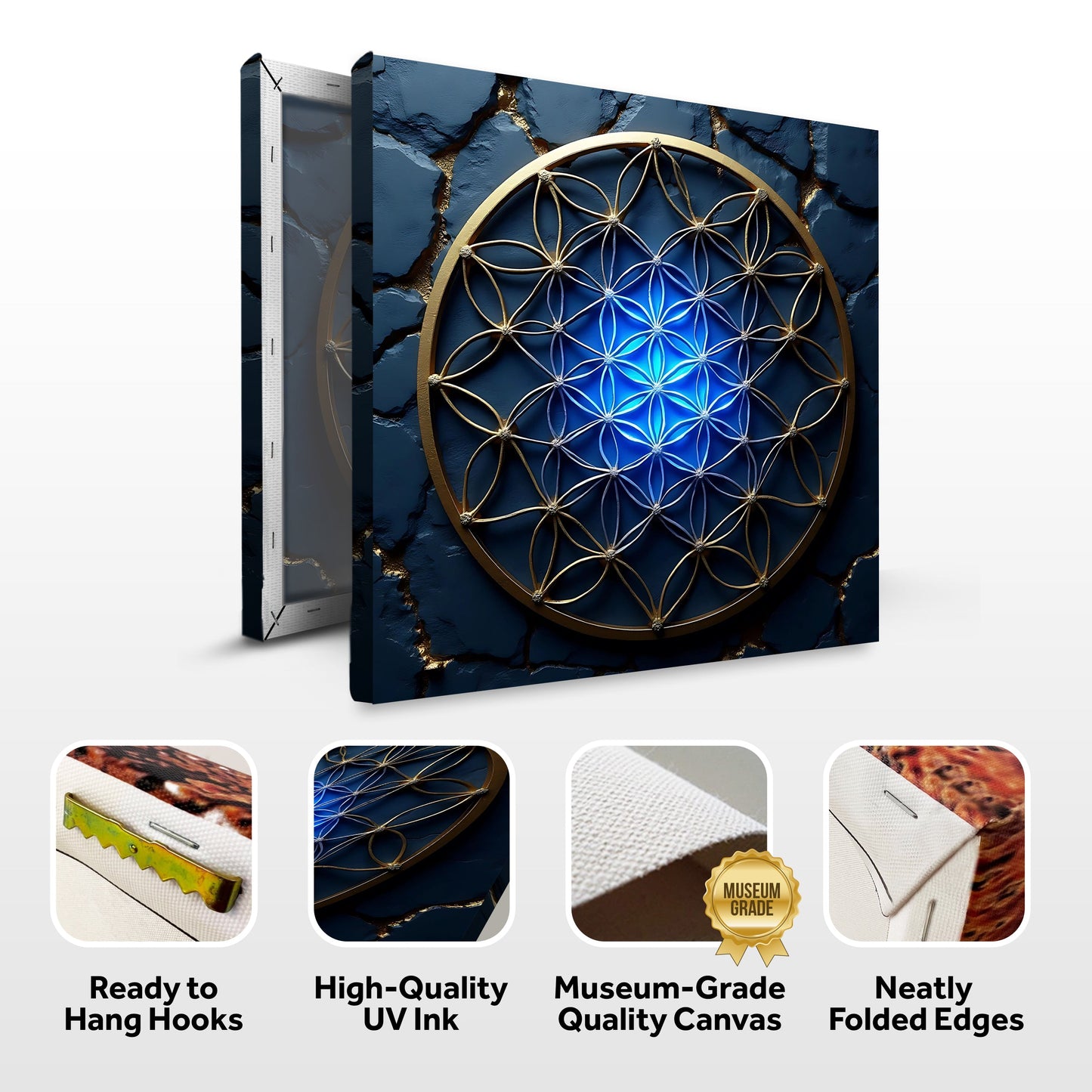 Flower Of Life Wall Art II canvas by Tailored Canvases with gold flower-of-life on blue texture on Tampa Home & Garden Store