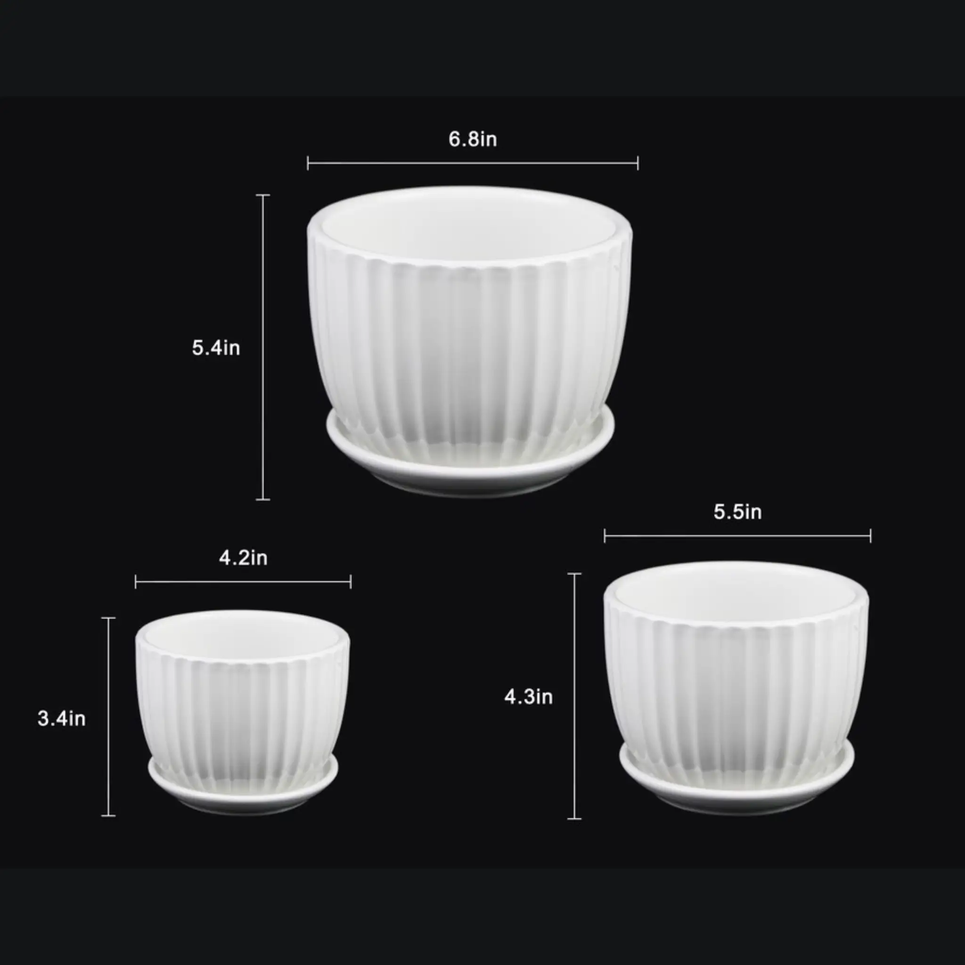 3-piece white ceramic planters with vertical fluted design and saucers by Florinia on Tampa Home & Garden Store