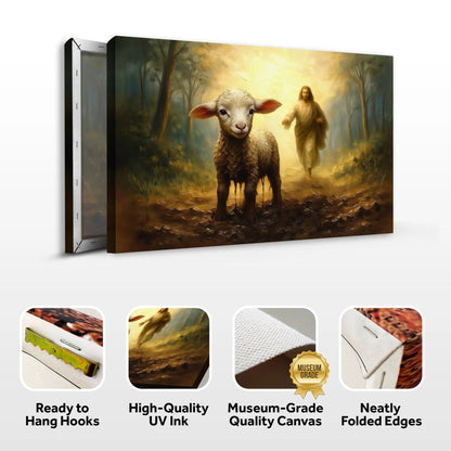 Jesus Running After A Lost Lamb Faith Wall Art Canvas by Tailored Canvases in a forest scene on Tampa Home & Garden Store