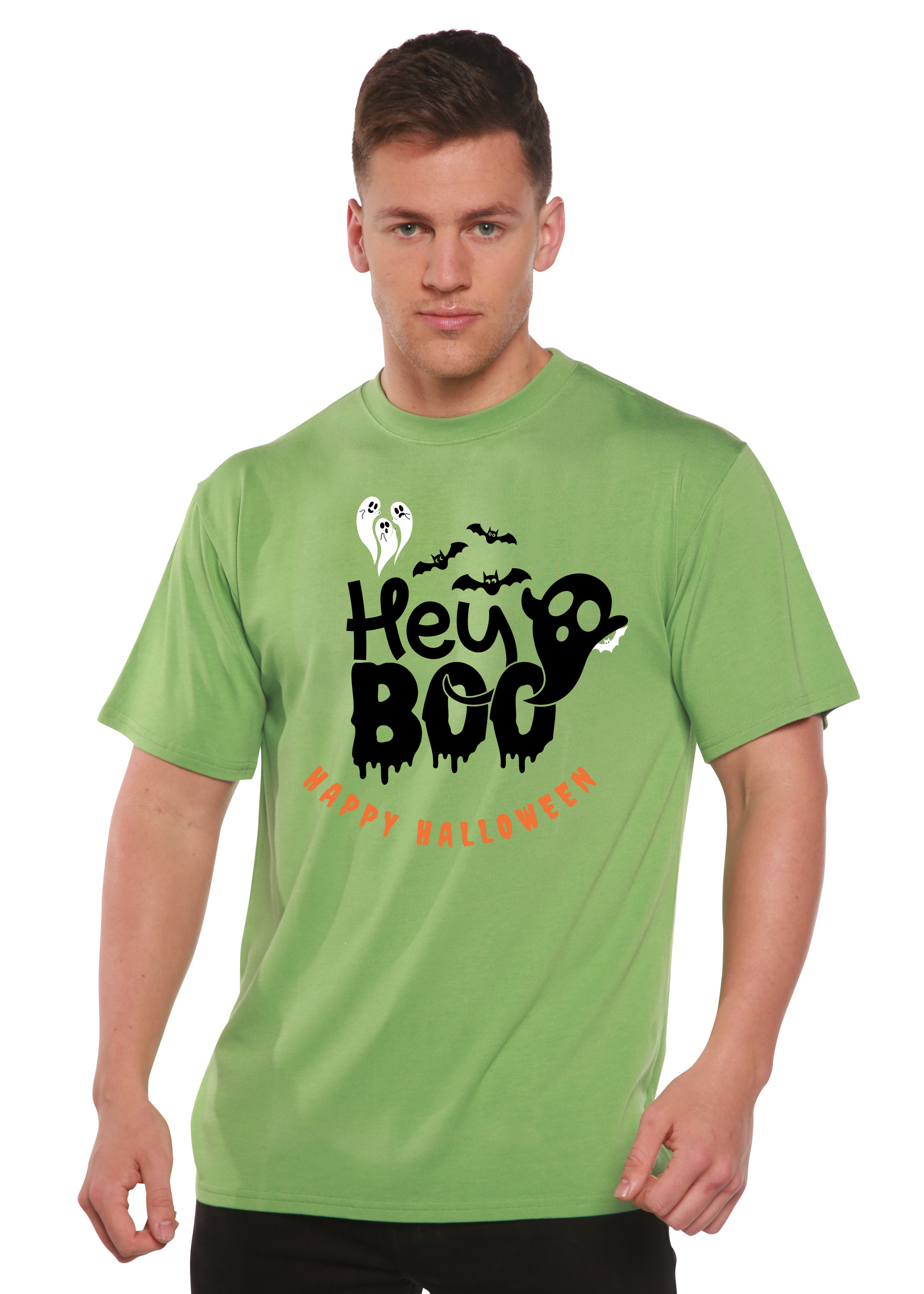 Hey Boo men's bamboo viscose/organic cotton tee lime green with ghosts by Spun Bamboo on Tampa Home & Garden Store