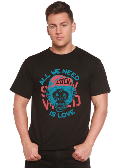 Black men's graphic tee with blue monkey design and All We Need Is Love bamboo viscose/organic cotton on Tampa Home & Garden Store