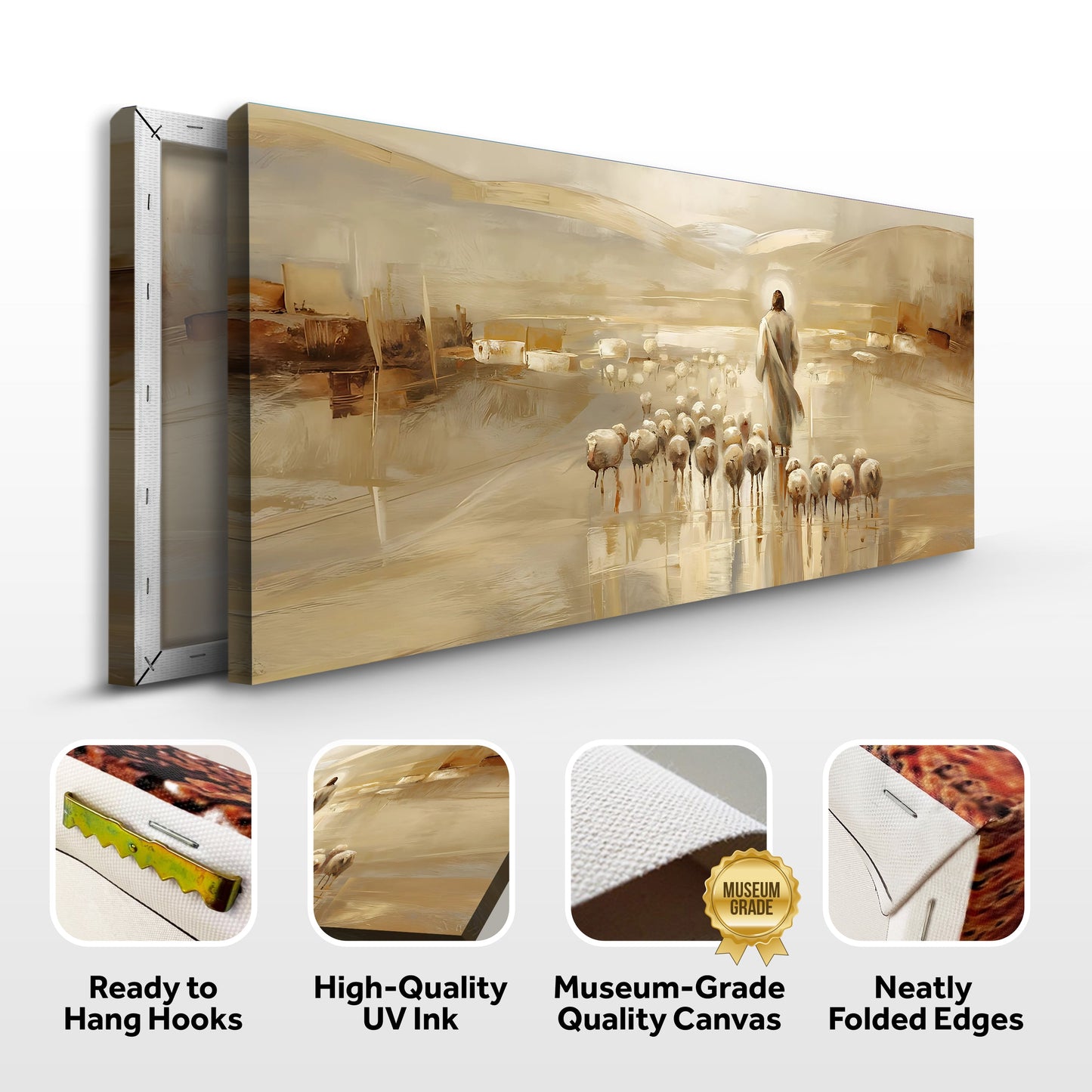 99 Faith Wall Art IX canvas by Tailored Canvases, shepherd and flock scene in warm beige on Tampa Home & Garden Store