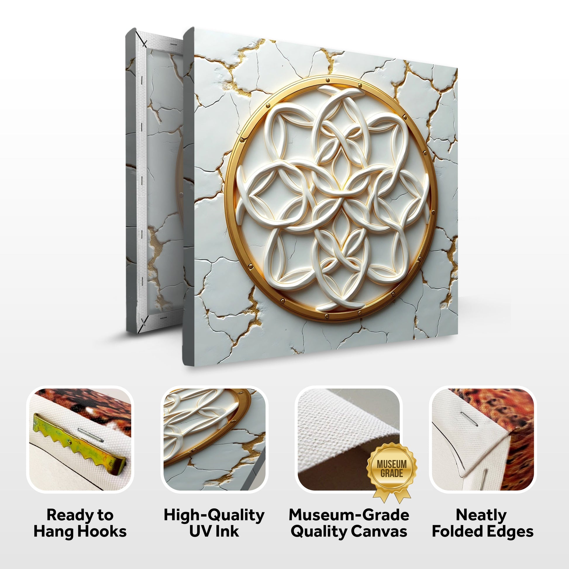 Flower Of Life IV Canvas with gold ring motif on marble backdrop by Tailored Canvases on Tampa Home & Garden Store