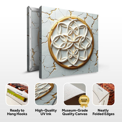 Flower Of Life IV Canvas with gold ring motif on marble backdrop by Tailored Canvases on Tampa Home & Garden Store