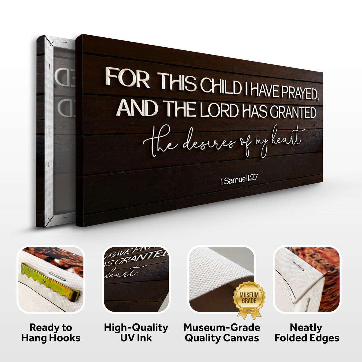 Canvas wall art with 1 Samuel 1:27 verse in white raised letters on dark wood planks on Tampa Home & Garden Store