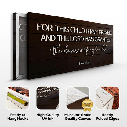Canvas wall art with 1 Samuel 1:27 verse in white raised letters on dark wood planks on Tampa Home & Garden Store