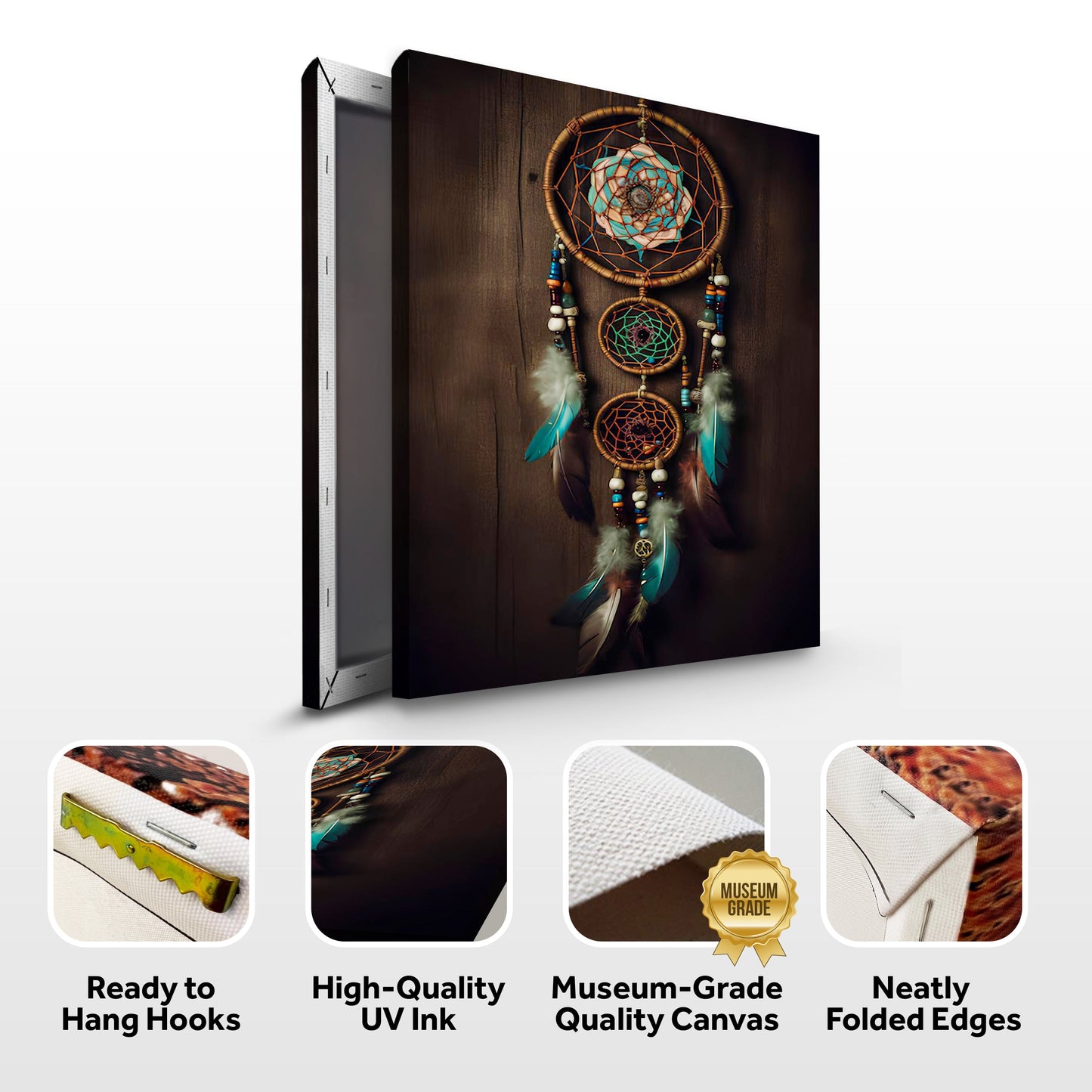 3D Whispering Feathers Wall Art VI canvas with turquoise dreamcatcher on wood backdrop on Tampa Home & Garden Store