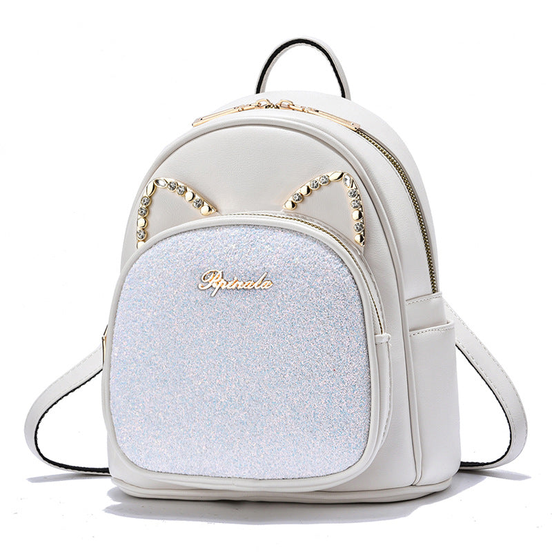 Large-capacity white PU leather backpack with glitter front and studded cat-ear accents on Tampa Home & Garden Store