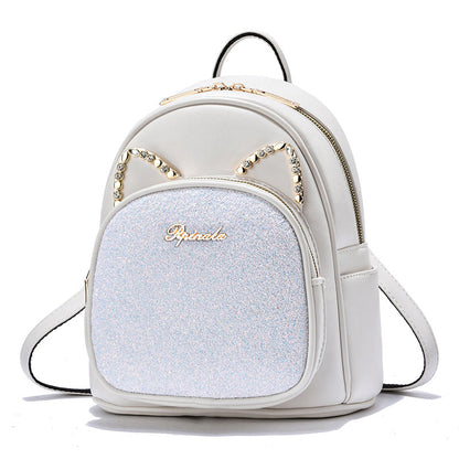 Large-capacity white PU leather backpack with glitter front and studded cat-ear accents on Tampa Home & Garden Store