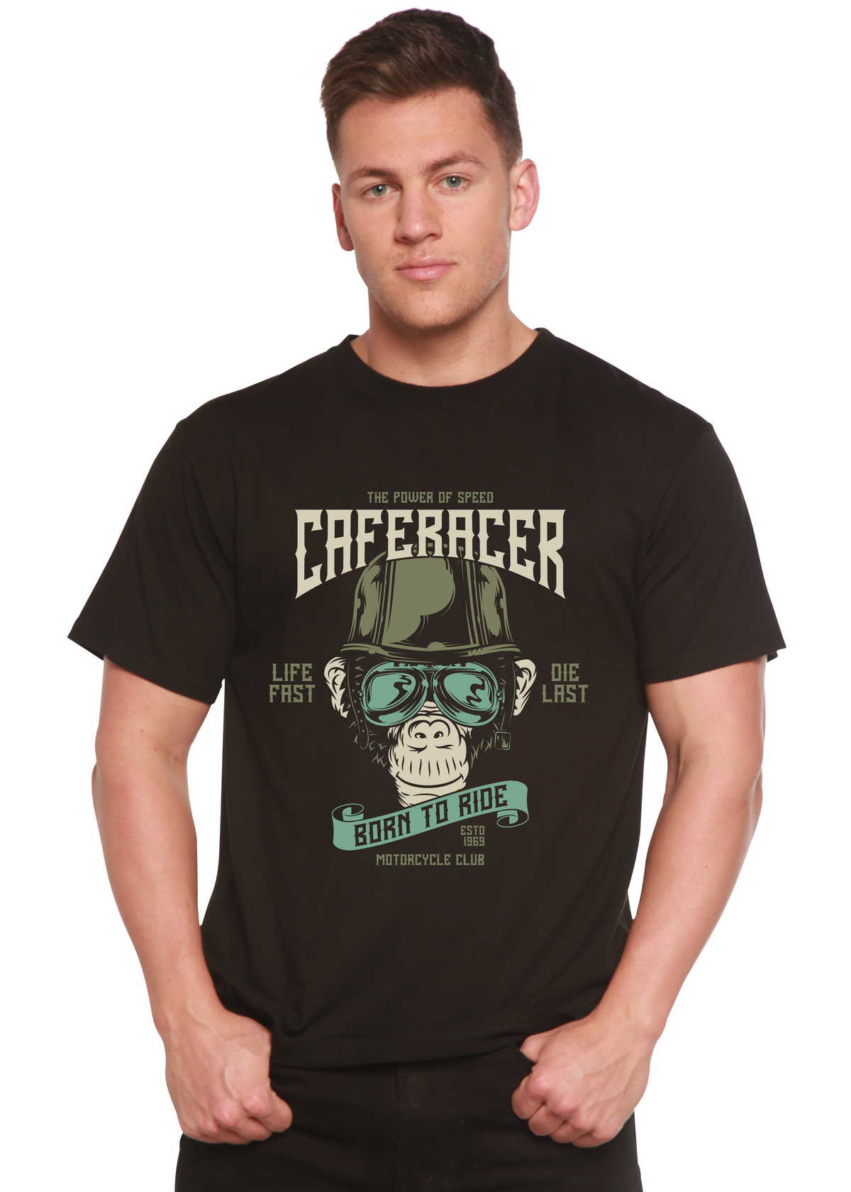 CafeRacer men's bamboo tee with black graphic monkey goggles print by Spun Bamboo on Tampa Home & Garden Store